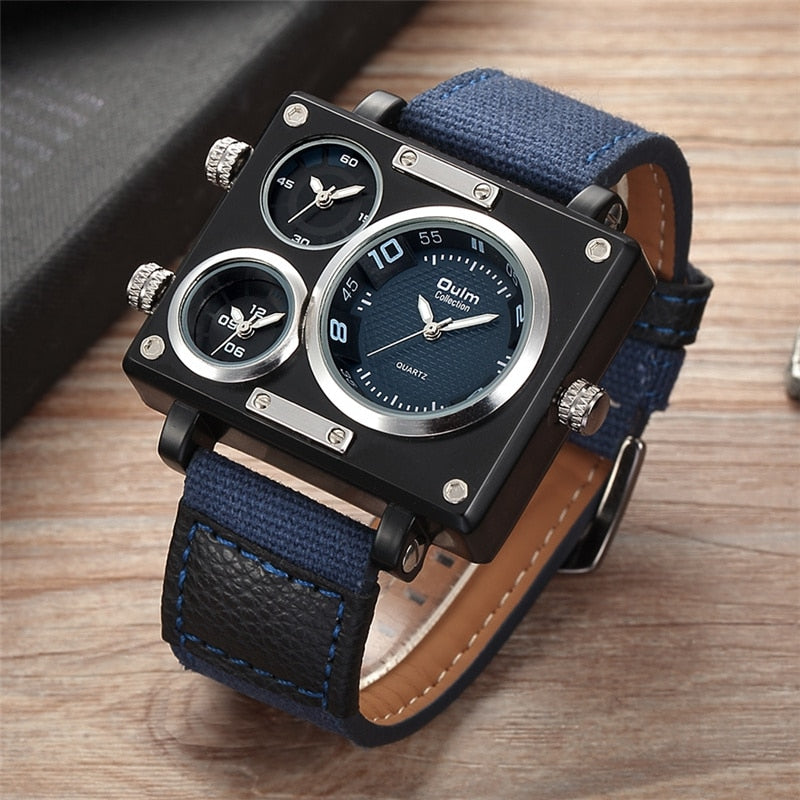 Oulm Watch Luxury Brand Men Fabric Srap Quartz Watch Clock Male Multiple Time Zones Square Sports Watches relogio masculino - Maschille