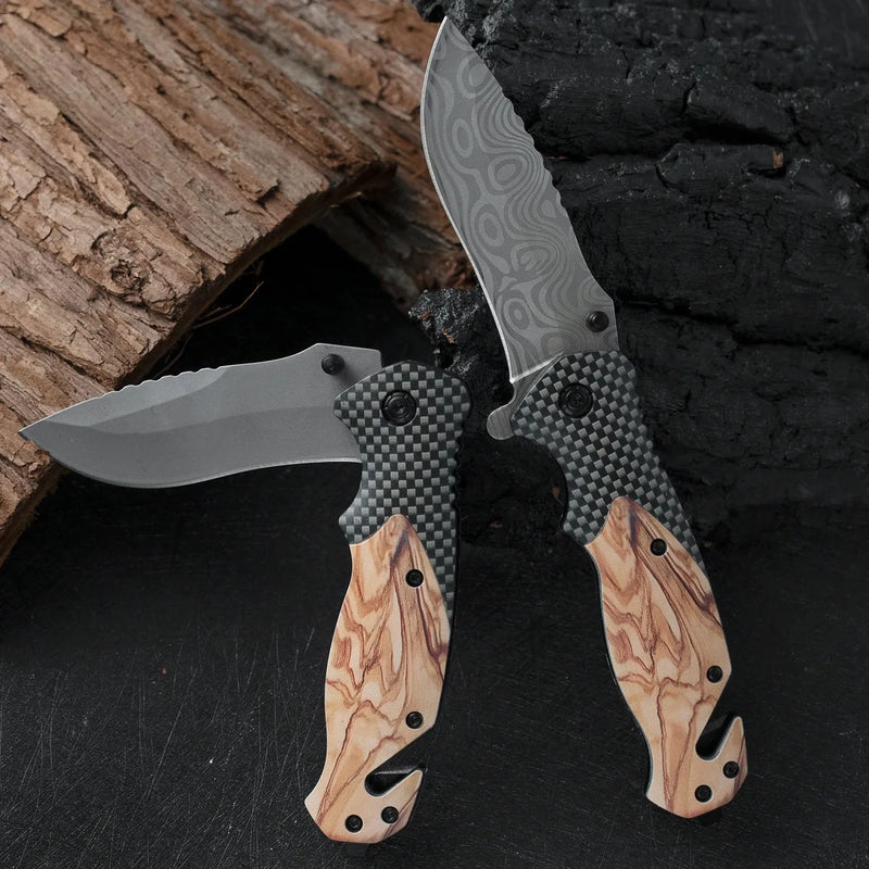 Damascus Pattern Outdoor Pocket Knife Multi-function EDC Folding Knife Portable Camping Survival Jackknife for Self Defense BBQ