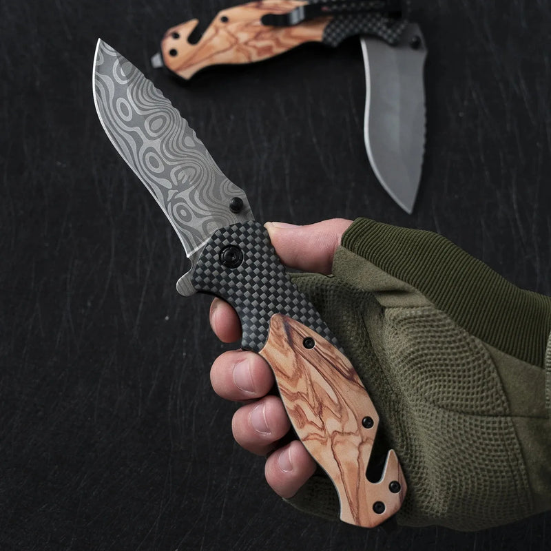 Damascus Pattern Outdoor Pocket Knife Multi-function EDC Folding Knife Portable Camping Survival Jackknife for Self Defense BBQ