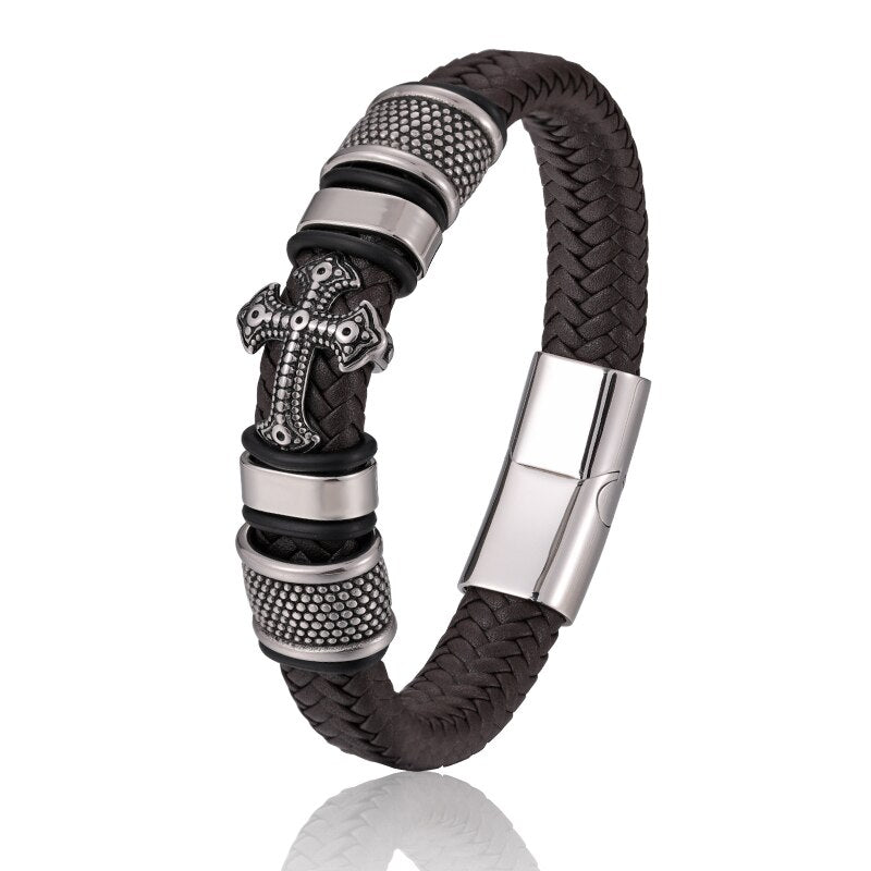 Pulseira Masculina Cruz Couro Legitimo Inoxidavel - Maschille