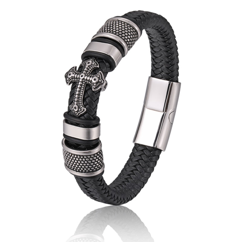 Pulseira Masculina Cruz Couro Legitimo Inoxidavel - Maschille