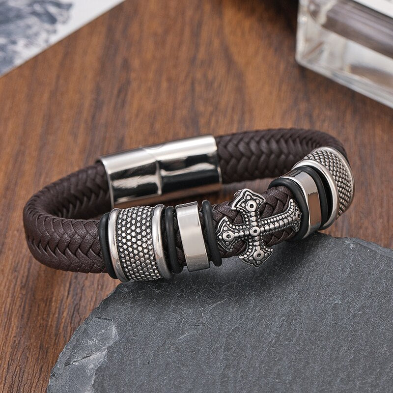 Pulseira Masculina Cruz Couro Legitimo Inoxidavel - Maschille