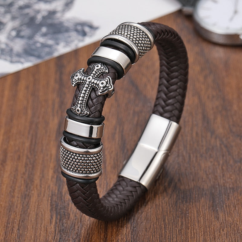 Pulseira Masculina Cruz Couro Legitimo Inoxidavel - Maschille