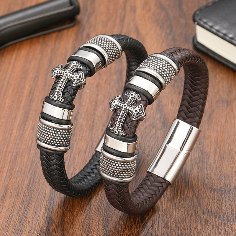 Pulseira Masculina Cruz Couro Legitimo Inoxidavel - Maschille